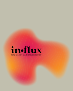 abstract graphic with orange and pink blob shape with text that reads in-flux