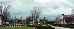 A panorama of TCNJ's campus lawn.