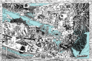 An pen and ink art piece called Springs Eternal: Water Ways by Bri Barton & Meg Lemieur