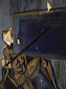 Abstract painting of a person behind a board.