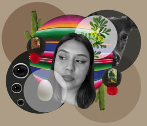 A digital collage centering a woman's face surrounded by colorful objects on a tan background.