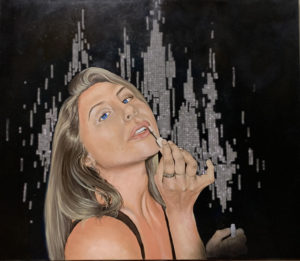 A woman putting on lipstick on a blocky grey and black background.