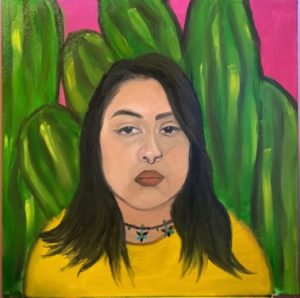 Painted portrait of the artist with shoulder-length hair and a yellow top, against a background of green striped cacti