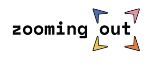 logo with the words zooming out, with four brigh colored arrows pointing away from the word "out"