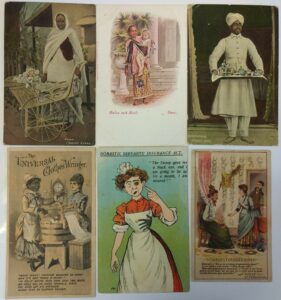 A series of different Trade Cards and Postcards featuring people doing housework.