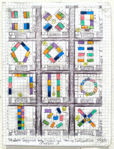 Grid of 12 drawings on graph paper, of multicolor patterns and handwritten notes